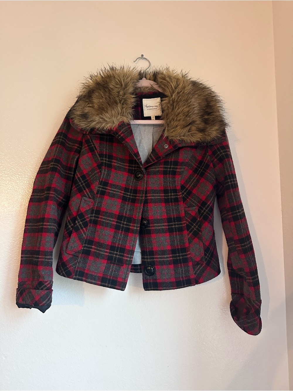 Heritage 1981 Red & Black Plaid Pea Coat with Faux Fur Collar